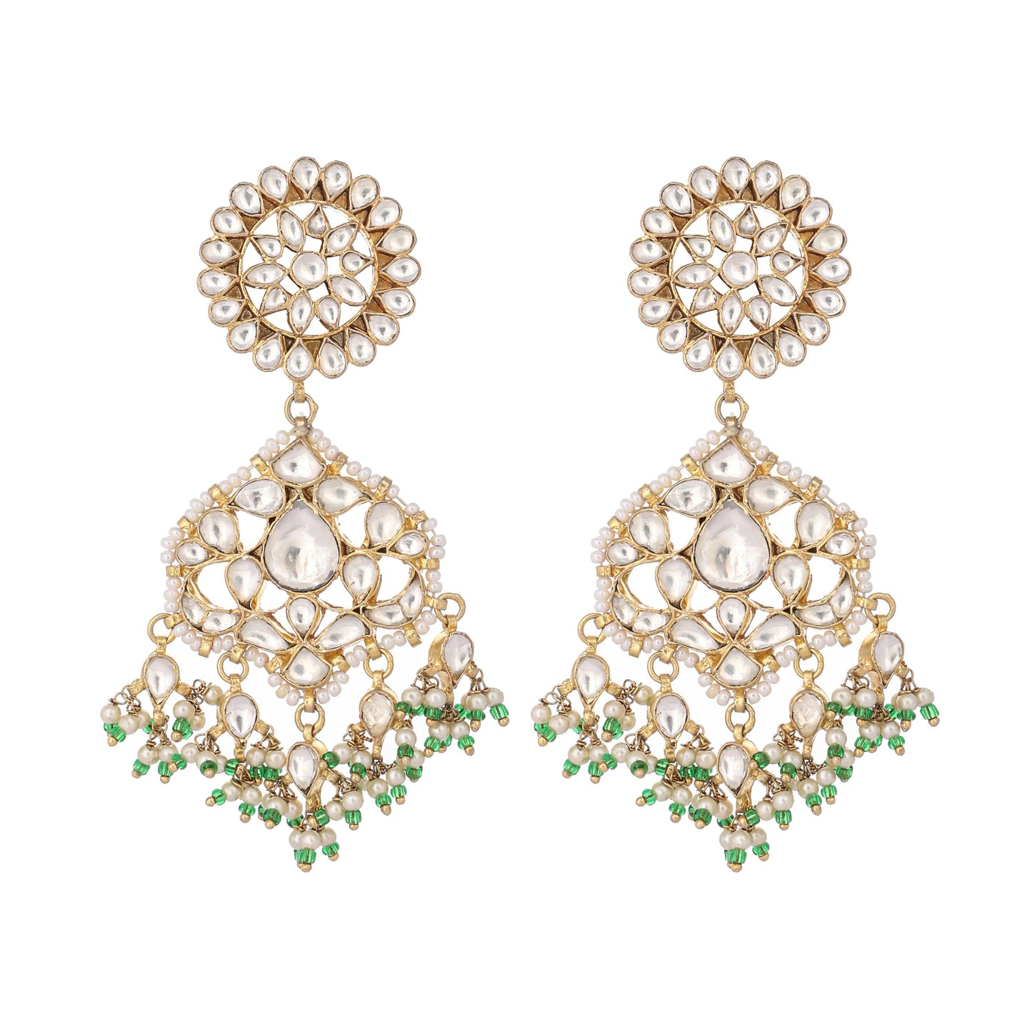 Nuyug 22K Gold Plated Traditional Kundan Studded Contemporary Dangler Earrings with Pearl and Green Bead Accents | Swadesiicart