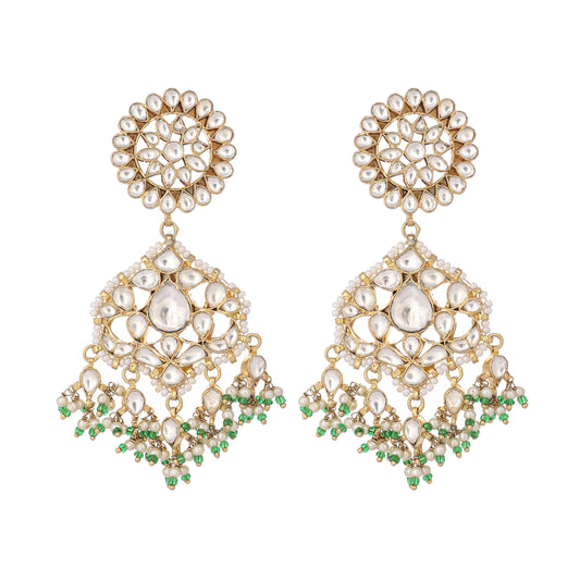 Nuyug 22K Gold Plated Traditional Kundan Studded Contemporary Dangler Earrings with Pearl and Green Bead Accents | Swadesiicart
