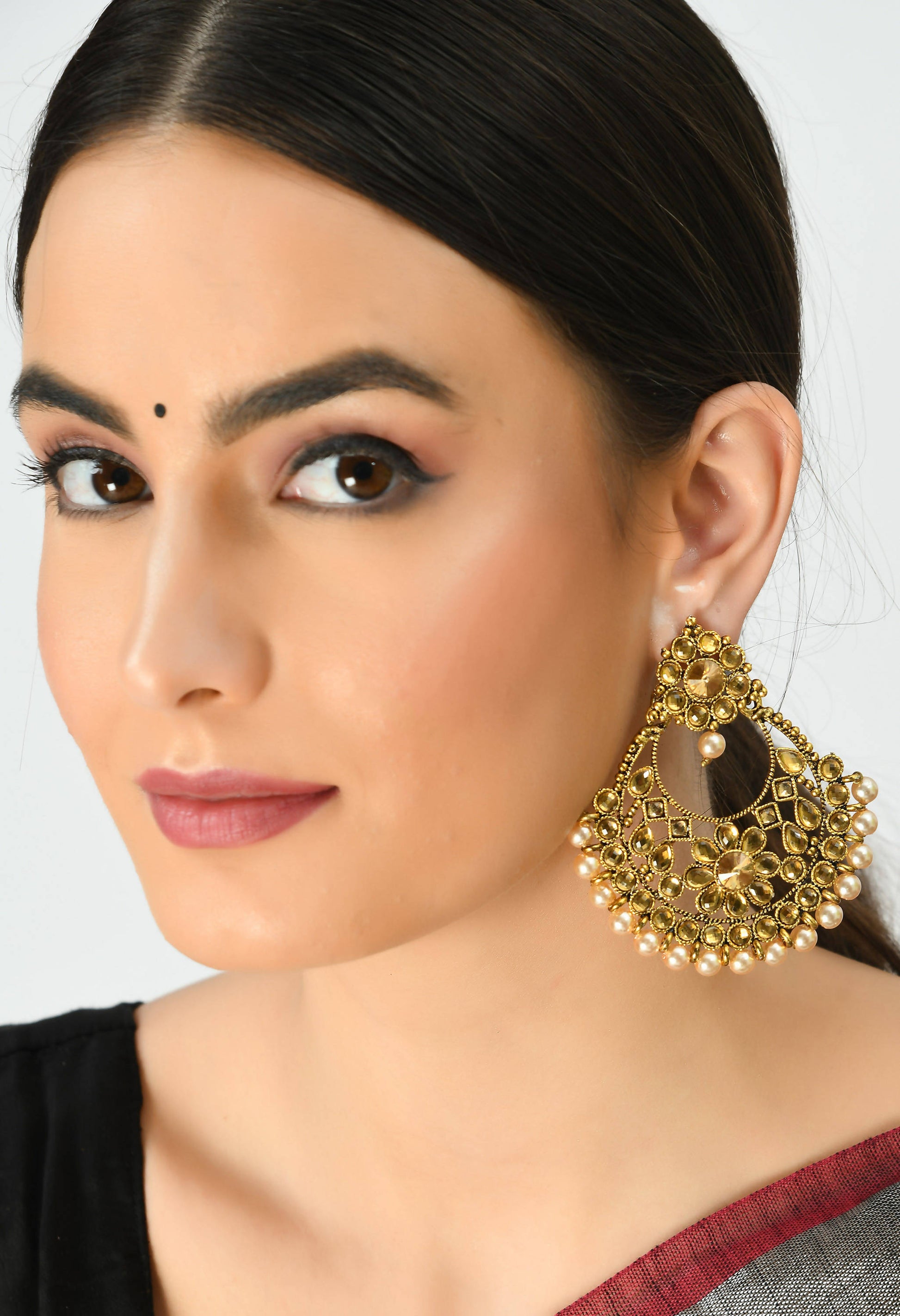 Mominos Fashion Johar Kamal Golden And White Beaded Earrings - Swadesiicart