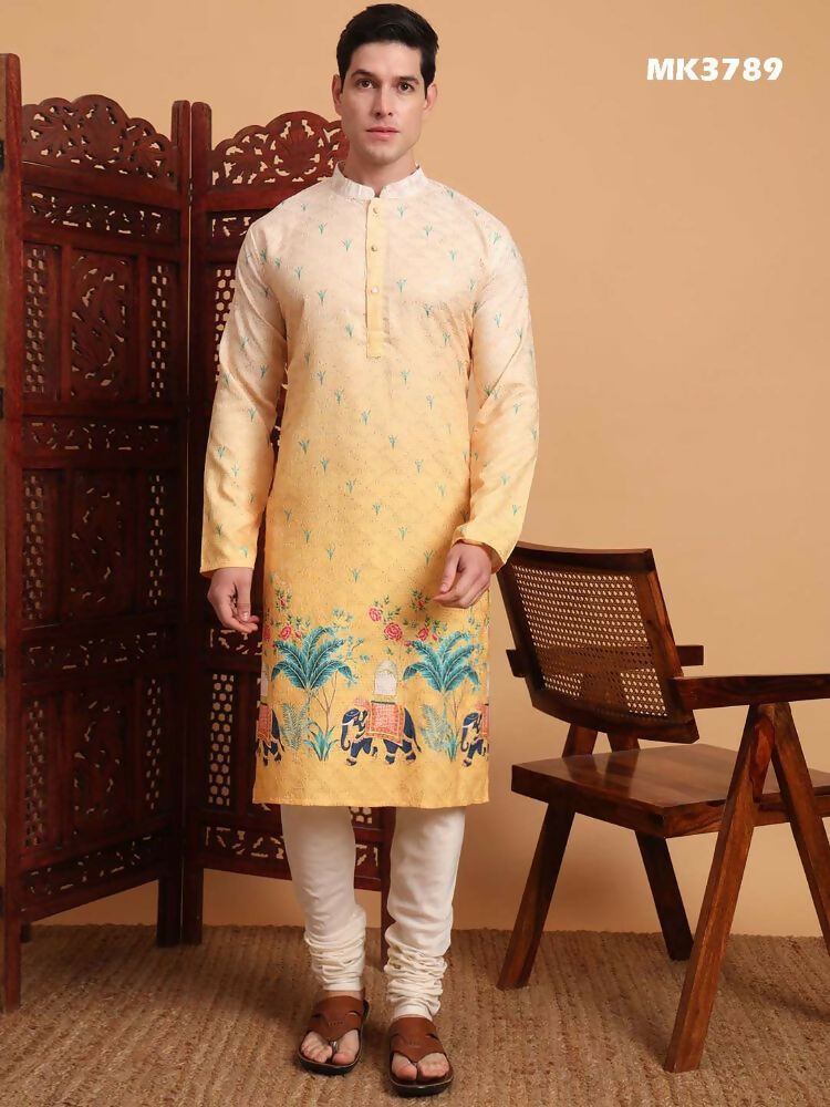 Yellow Cotton Printed Chikankari Embroidery Work Kurta - Mahotsav | Swadesiicart