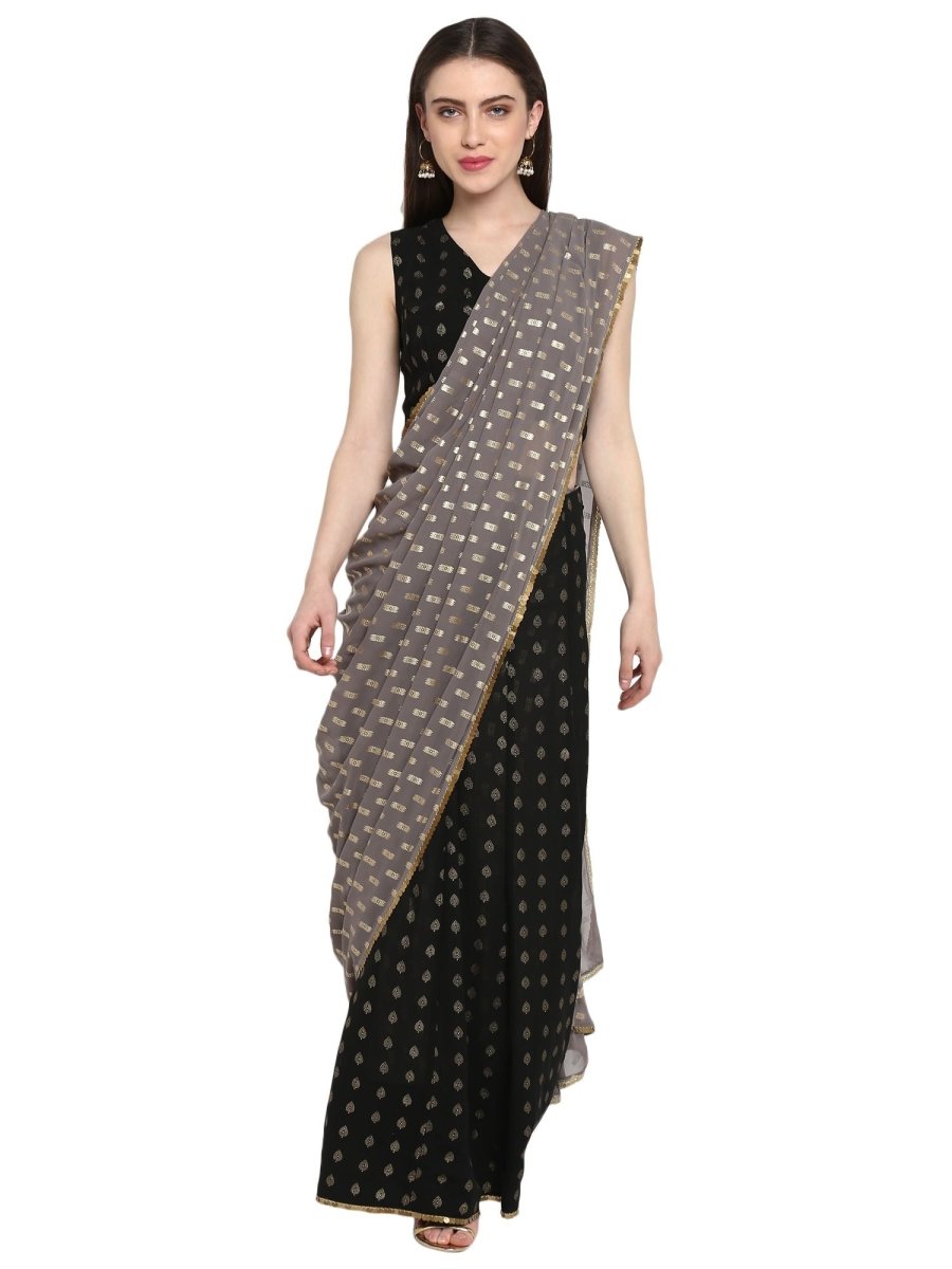 Ahalyaa Women's Black Georgette Foil Print Ready to Wear Saree | Swadesiicart