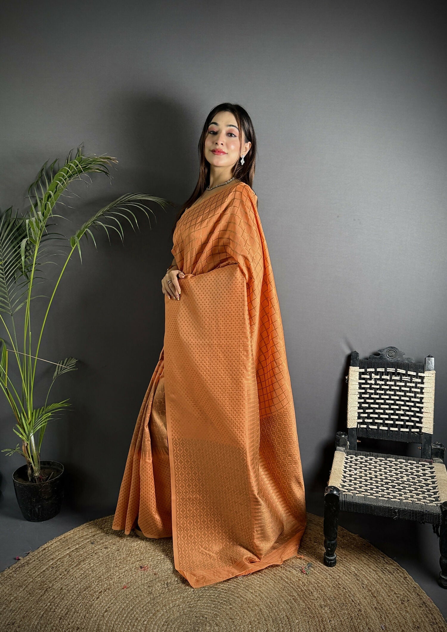 Joban Fashion Orange Banarasi Soft Lichi Silk Checks & Woven Saree | Swadesiicart