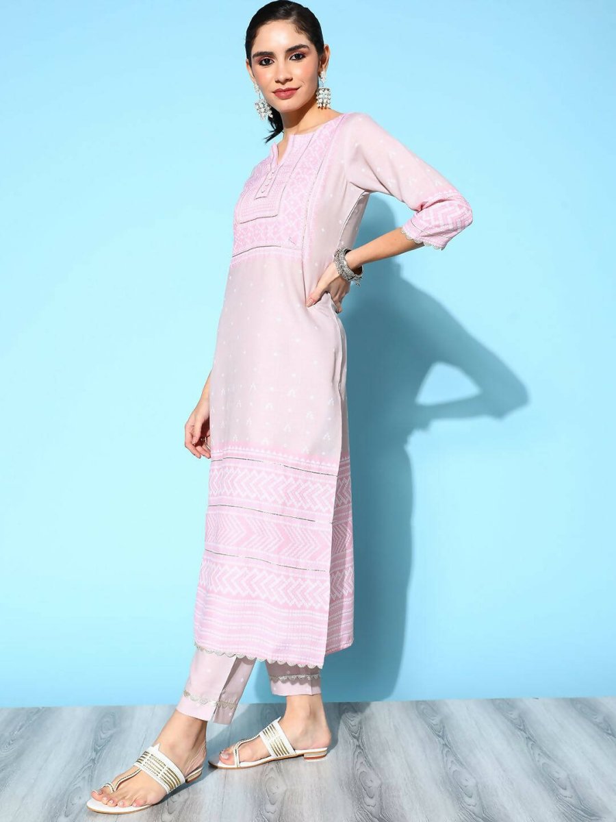Ahalyaa Women's Beige Cotton Blend Printed Kurta Pant Set | Swadesiicart