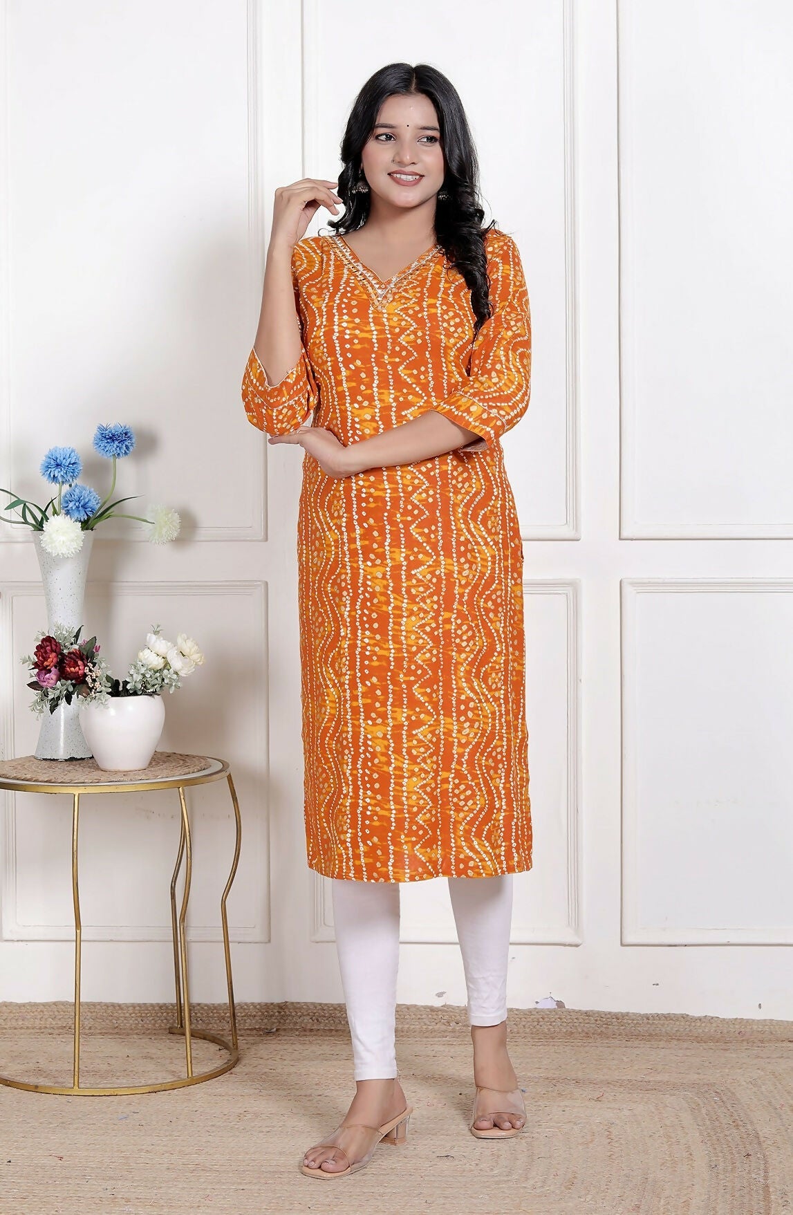 Miravan Womens Yellow Bandhani Printed Straight Kurti - Swadesiicart