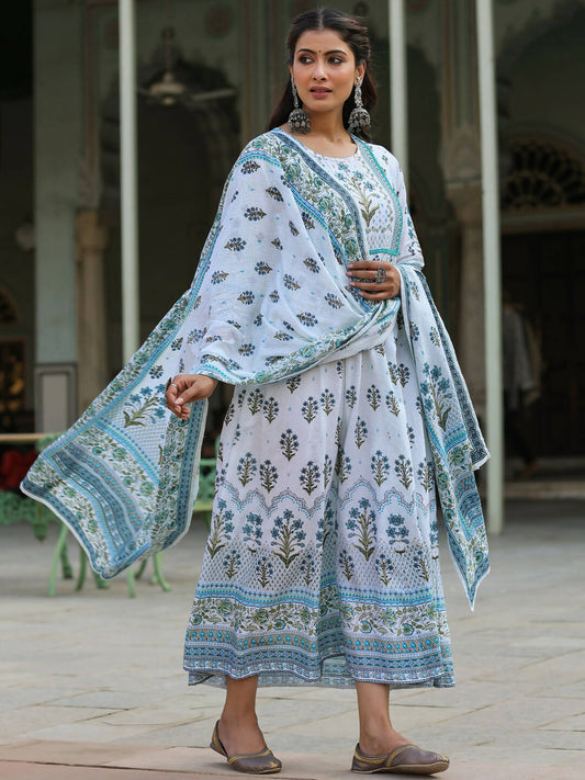 Juniper Women's Skyblue Cambric Floral Placement Kurta Dupatta Sets | Swadesiicart
