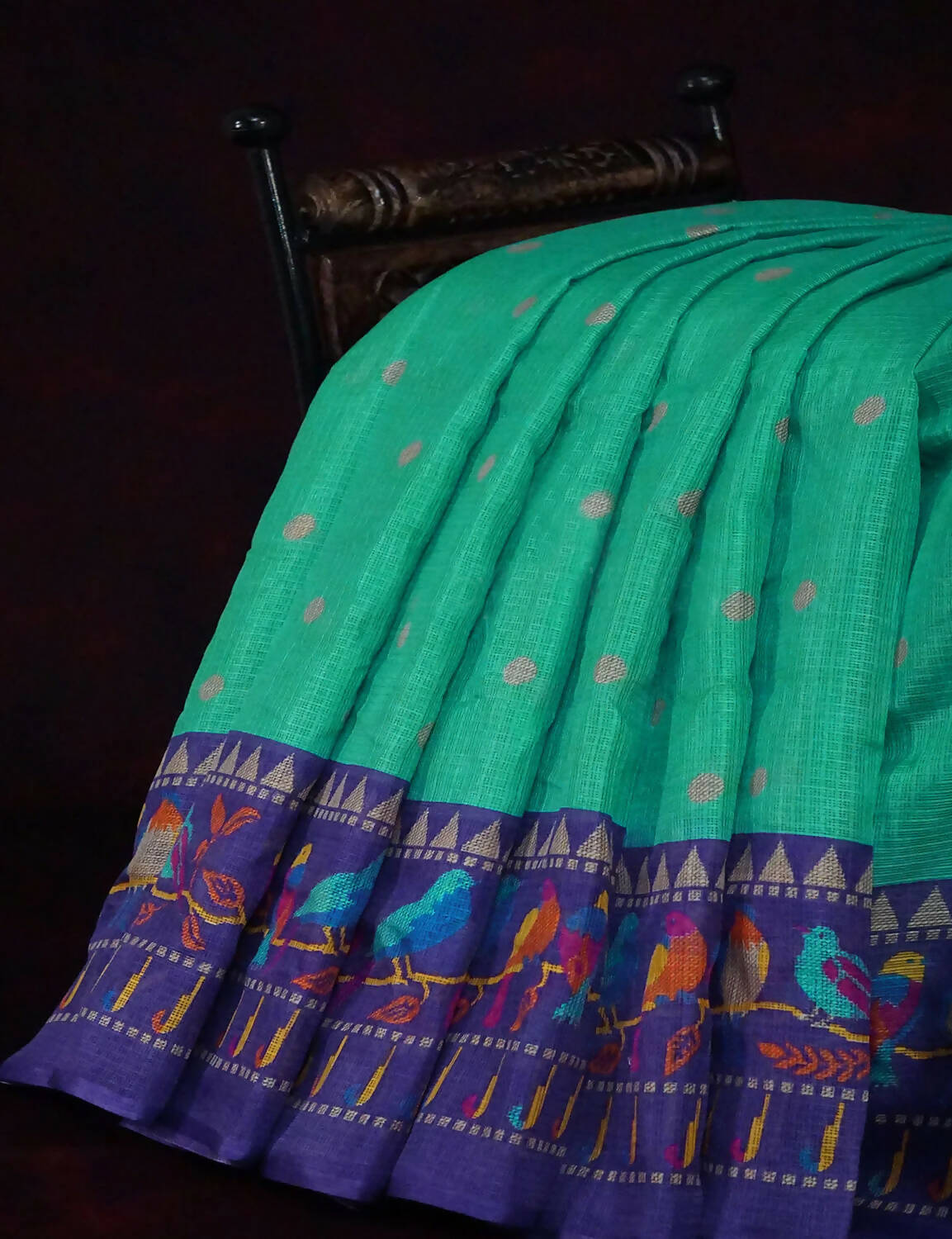Rama Green With Contrast Navy Blue Printed Semi Soft Silk Saree By Gayathri Reddy Designer Studio | Swadesiicart