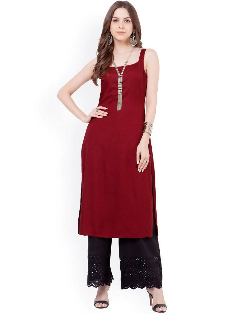 Indya Women Maroon Solid Straight Kurta - Swadesiicart