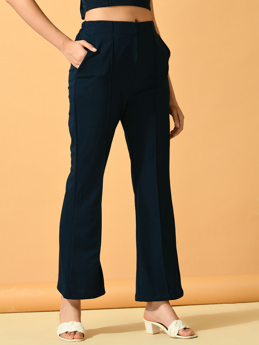 Myshka Women's Navy Blue Solid Coat With Trousers - Swadesiicart