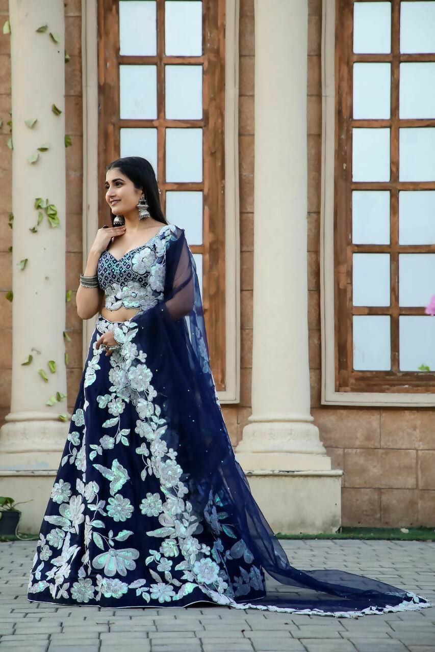 Jyoti Fashion Women's Navy Blue Kasturi Silk Georgette Rainbow Sequins with Dori Embroidered Designer Lehenga Choli Set | Swadesiicart