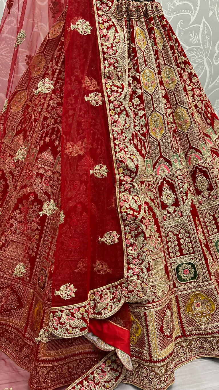 Jyoti Fashion Women's Red Velvet Dori, Multi Thread Embroidered with Diamond Work Wedding Lehenga Choli | Swadesiicart