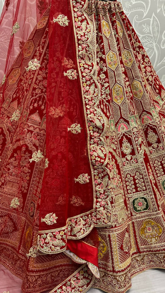 Jyoti Fashion Women's Red Velvet Dori, Multi Thread Embroidered with Diamond Work Wedding Lehenga Choli | Swadesiicart