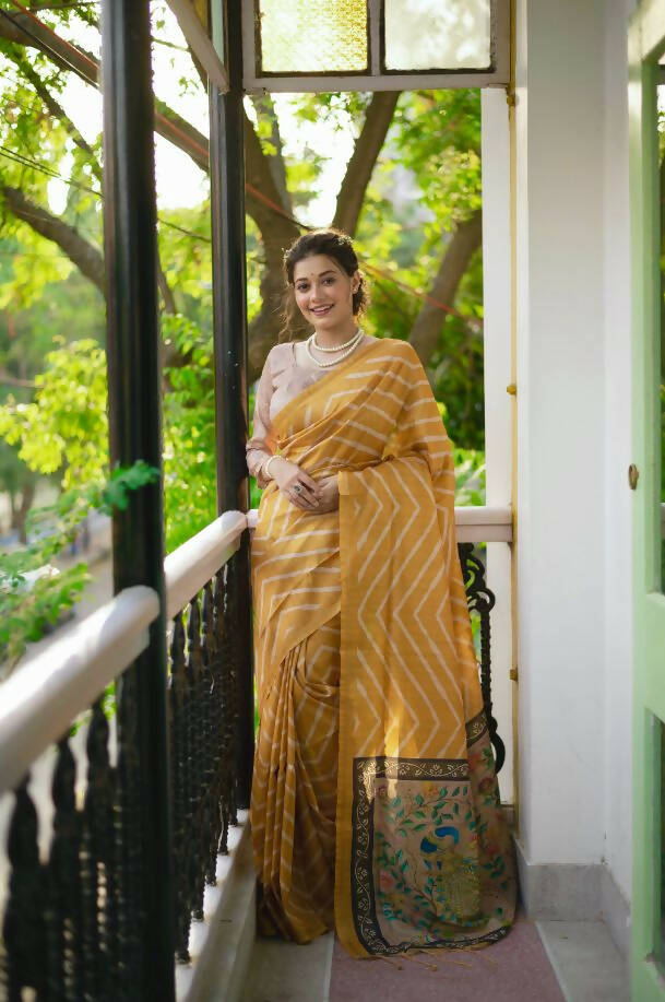 Vishnu Weaves Women's Yellow Soft Tussar Silk Digital Printed Saree with Unstitched Blouse - Swadesiicart