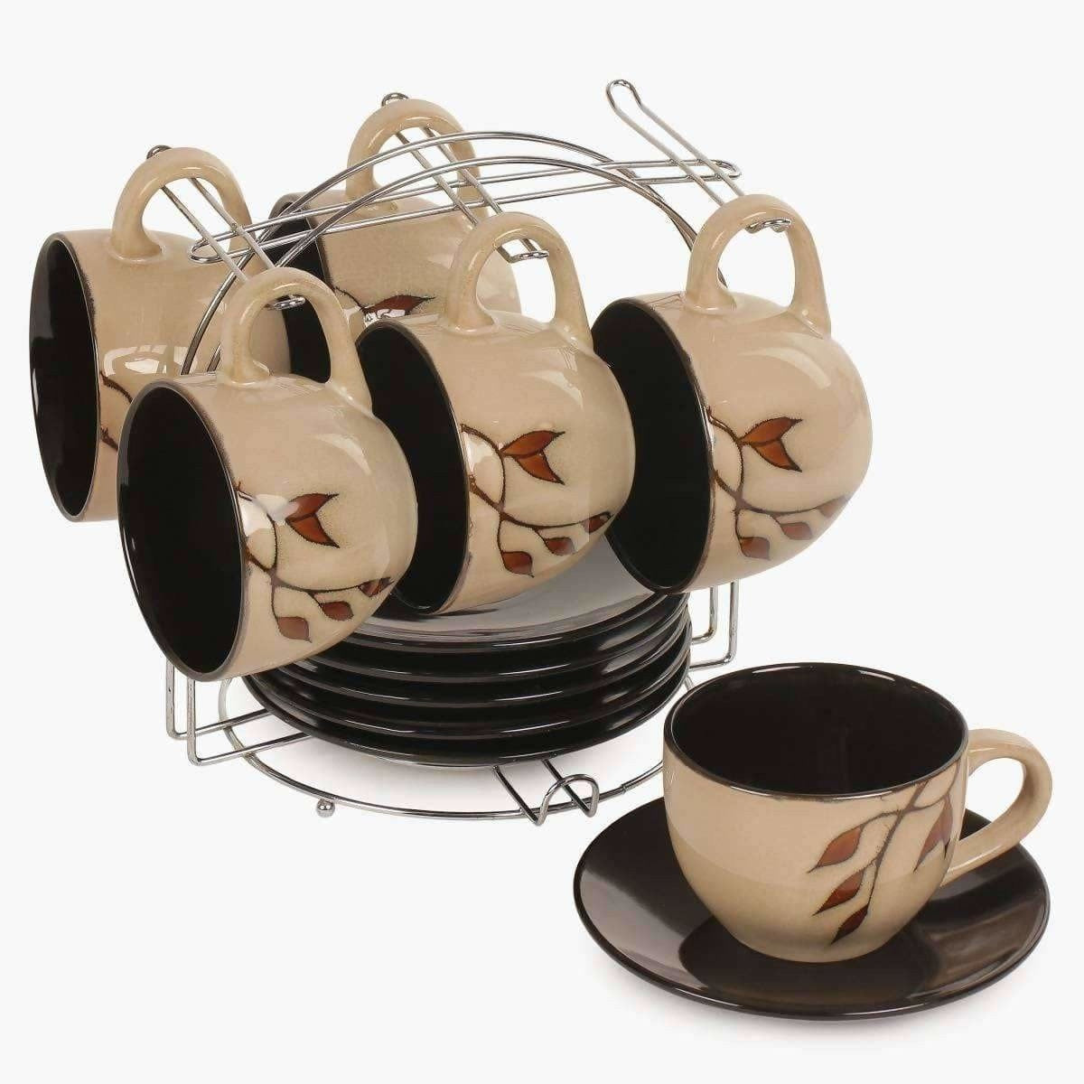 Home Centre Caraway Cup and Saucer- Set of 13 Pcs - 220 ml - Brown - Swadesiicart