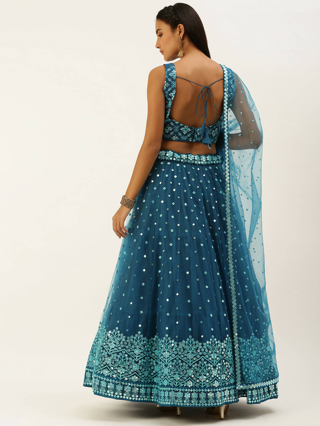 House of Panchhi Teal Net Sequinse Work Lehenga & Blouse, Dupatta | Swadesiicart
