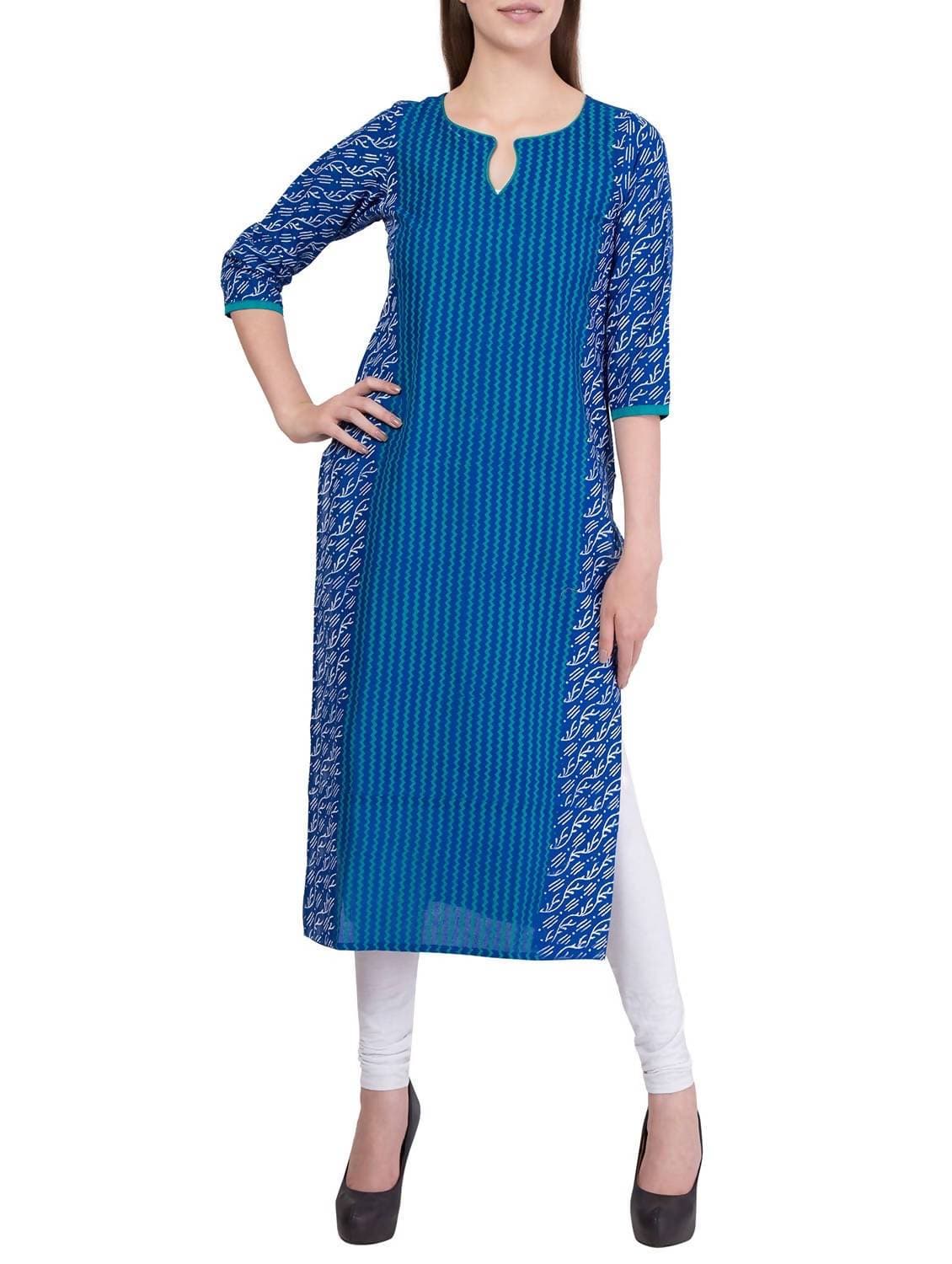 Cheera Hand Block Print Traditional Straight Kurta In Royal Blue | Swadesiicart