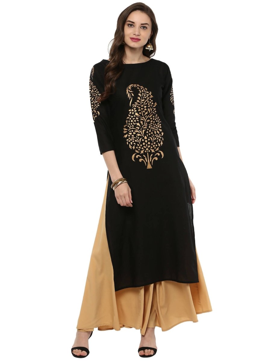 Ahalyaa Black Chanderi Gold Print Kurta | Swadesiicart