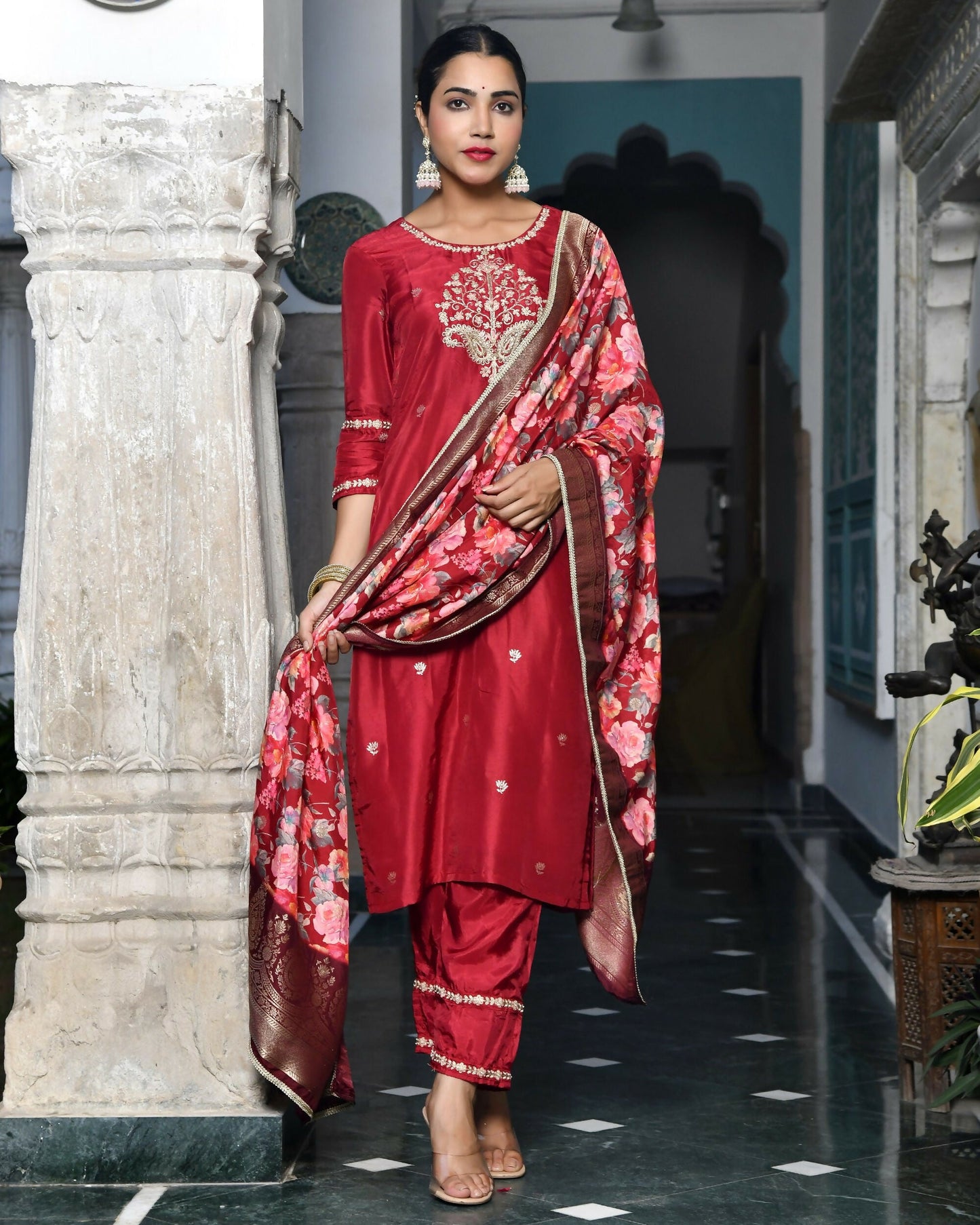 Vaasva Women's Silk Emboidered Solid Pant Set & Digital Printed Dupatta | Swadesiicart