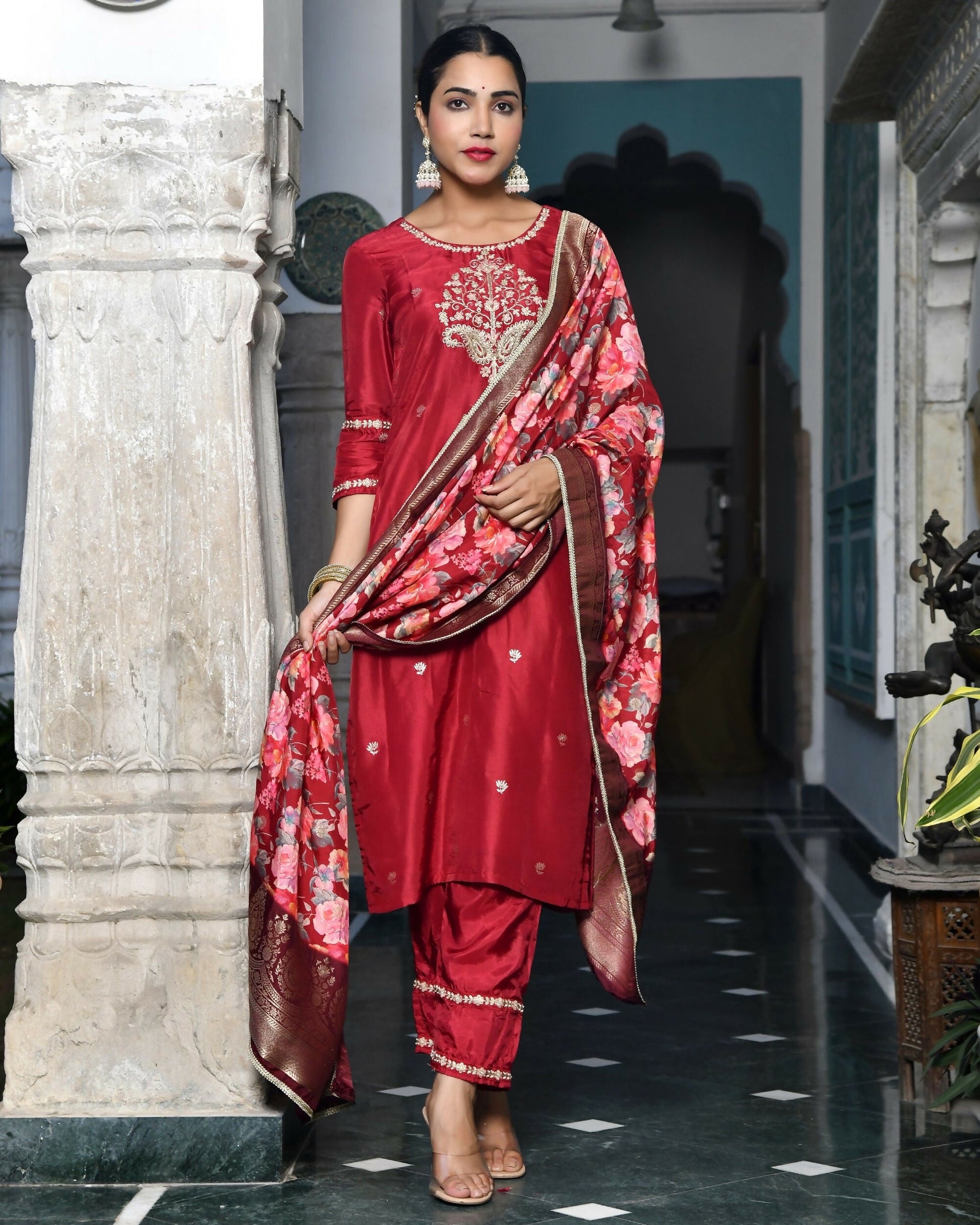 Vaasva Women's Silk Emboidered Solid Pant Set & Digital Printed Dupatta | Swadesiicart