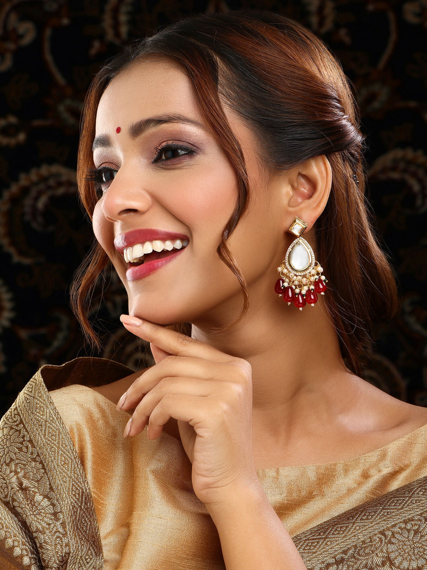 Ruby Raang Gold Polished Kundan Earrings With Maroon Stones | Swadesiicart