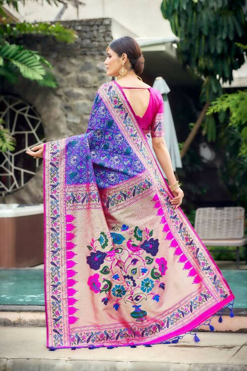 Vishnu Weaves Women's Purple Paithani Patola Silk Zari Woven Saree with Unstitched Blouse - Swadesiicart