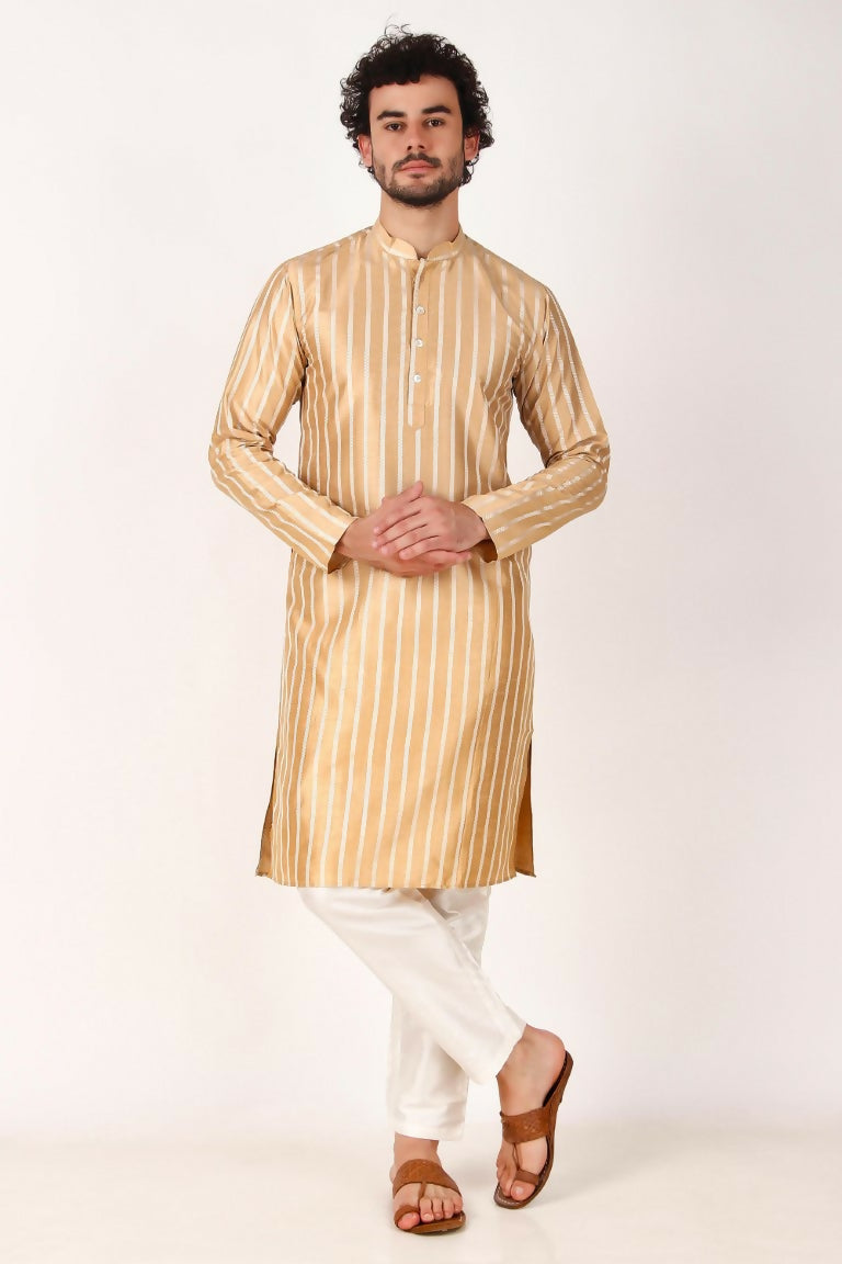 Brown Art Silk Woven Designer Men's Rajwadi Kurta Set - Mahotsav