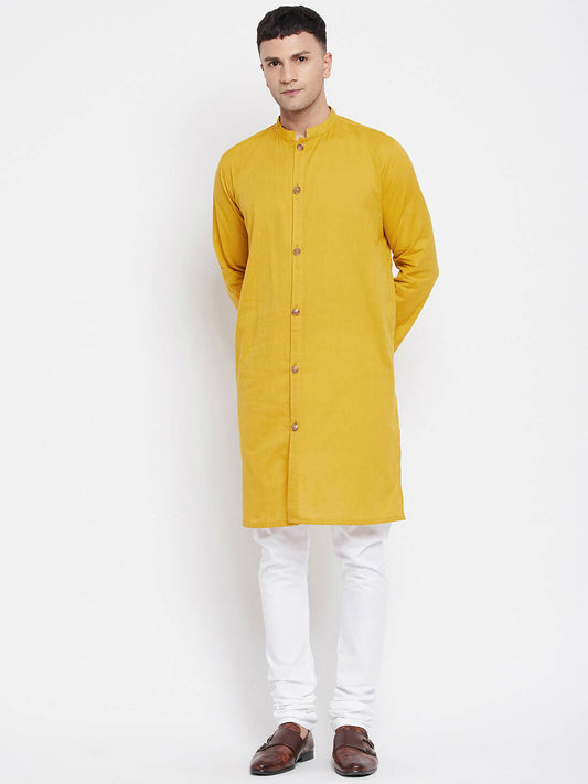 Even Apparels Yellow Pure Cotton Men's Sherwani Kurta With Open Front | Swadesiicart