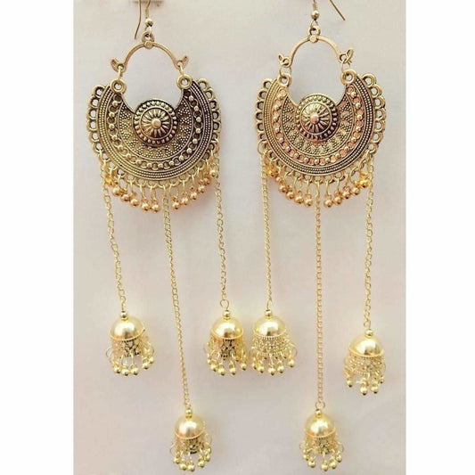 MS Fashion India Gold-Polished Chandbali Bahubali Long Hanging Jhumka Earrings | Swadesiicart