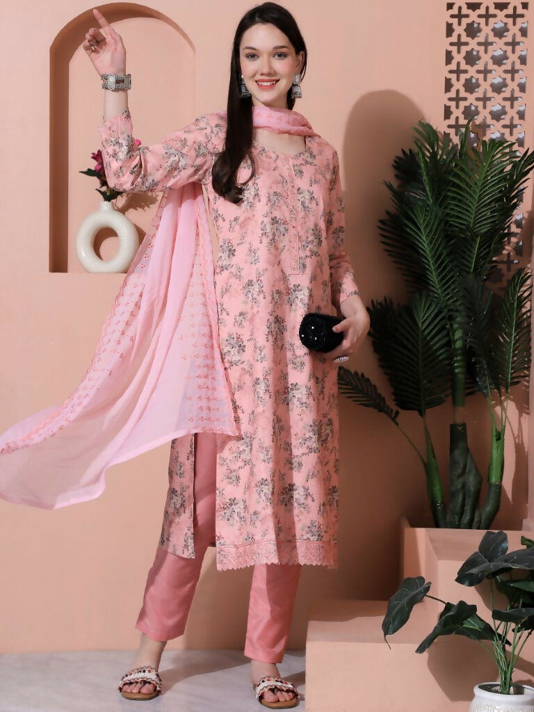 Jyoti Fashion Women's Pink Cotton Floral Digital Printed Kurta with Trouser & Dupatta | Swadesiicart