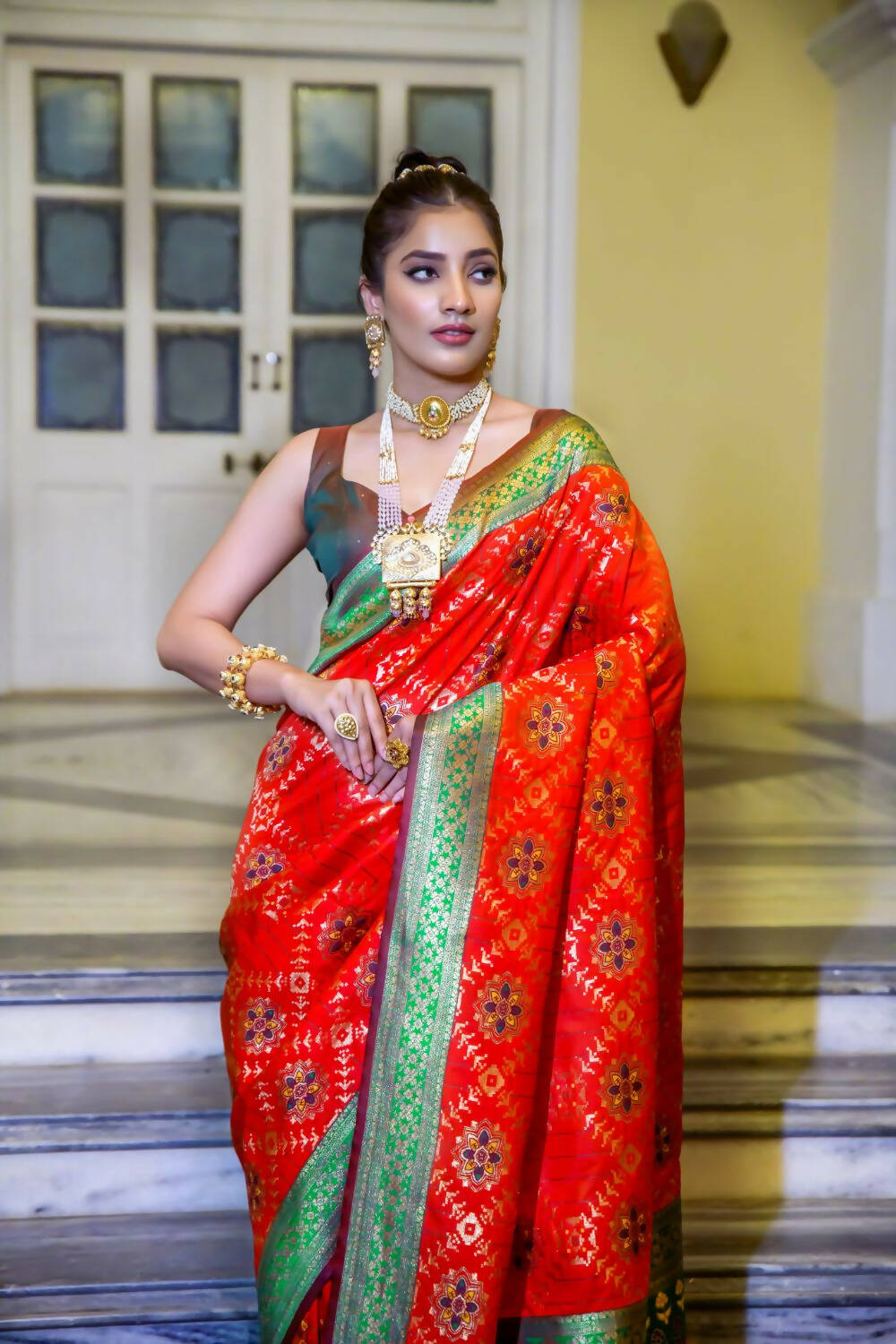 Vishnu Weaves Women's Red Patola Banarasi Silk Meenakari Zari Woven Saree with Blouse - Swadesiicart