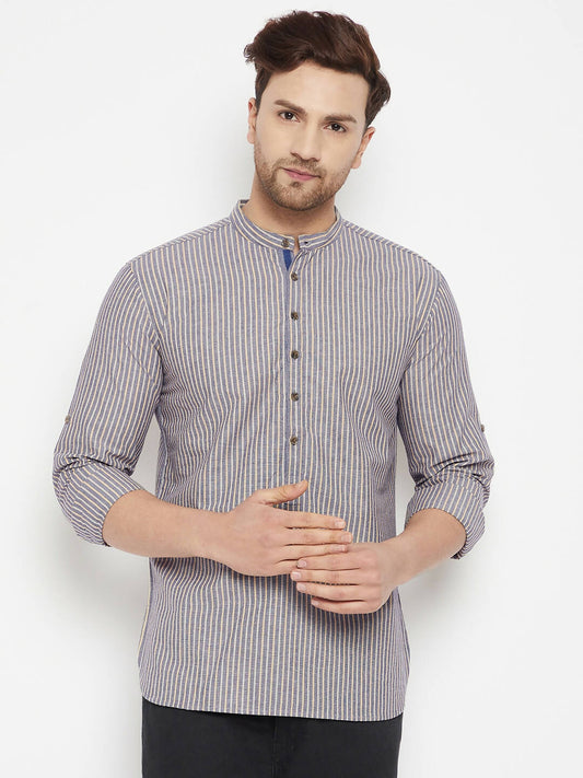 Even Apparels Grey Color Pure Cotton Short Men's Kurta With Band Collar | Swadesiicart