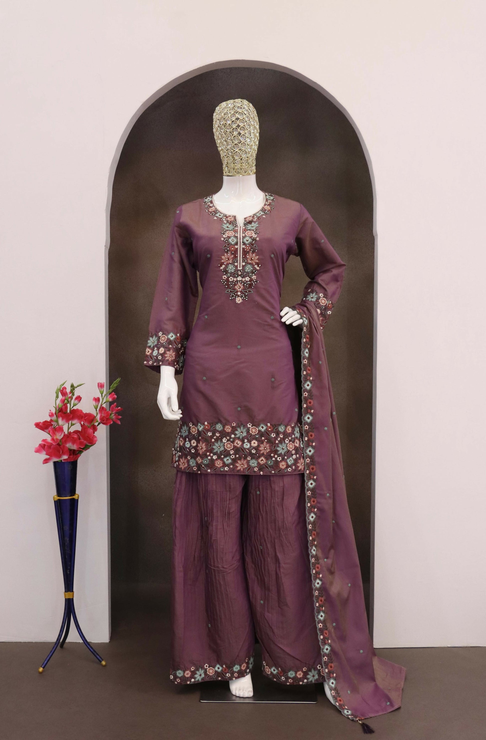 Anaita Wine Simar with Embroidery Multi & Zarkhan Work Readymade Palazzo suit