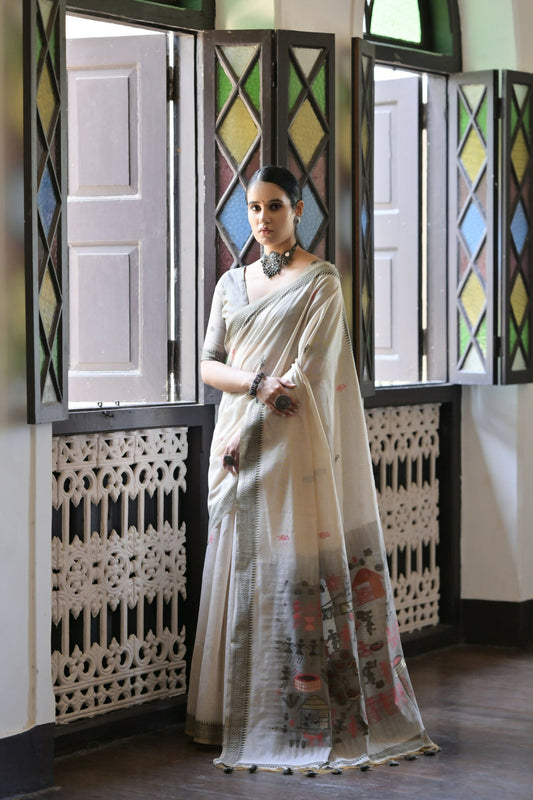 Vishnu Weaves Women's Grey Muga Cotton Saree with Blouse - Swadesiicart