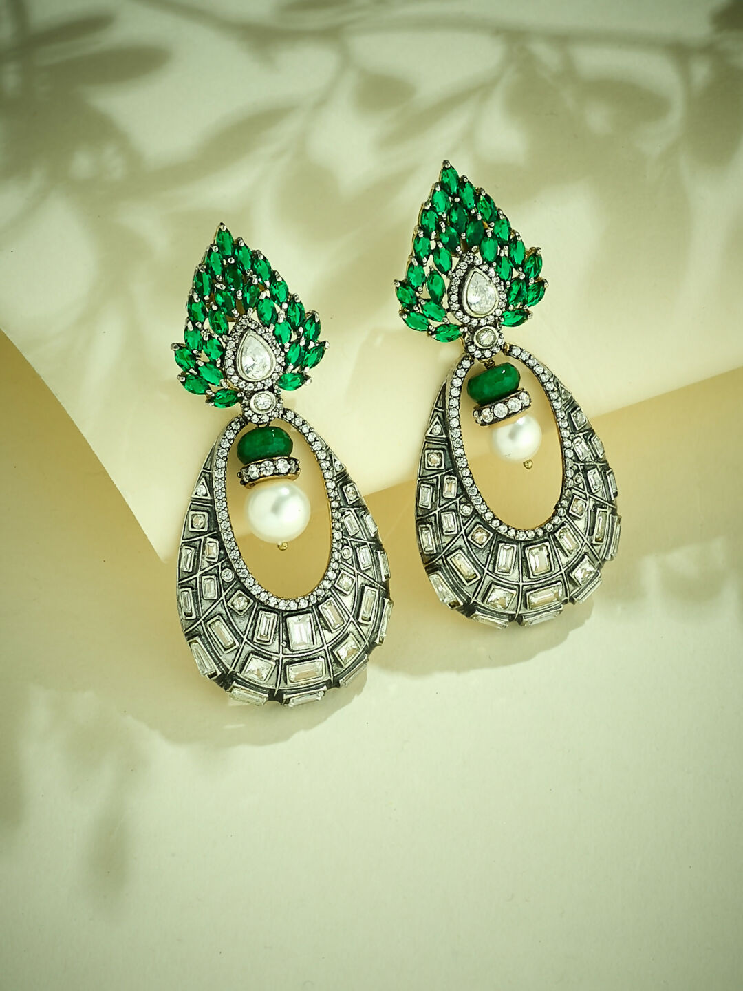 Nuyug 22K Gold-Plated Zircon Studded & Pearl Teardrop Shaped Dangler Earrings | Swadesiicart
