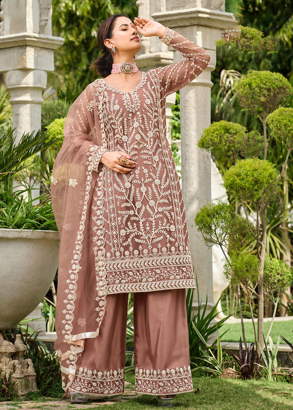 Copper Brown Stone & Cording Work Festive Palazzo Suit - Emponline | Swadesiicart