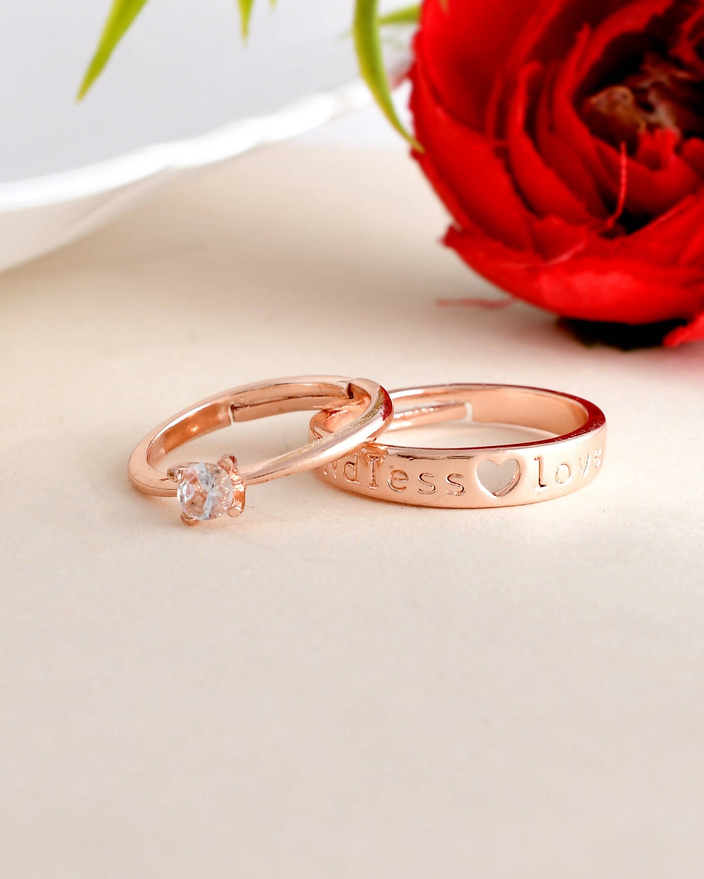 VOJ Stainless Steel Cubic Zirconia Gold-Polished Adjustable Couple Ring Set | Swadesiicart