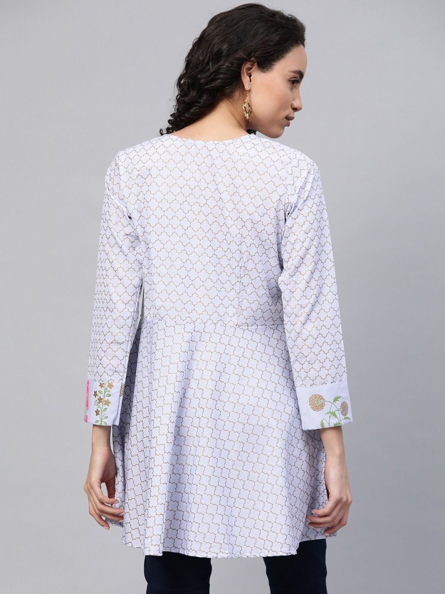 Ahalyaa Women Blue Crepe Pink & Gold Ethnic Print Angrakha Tunic | Swadesiicart