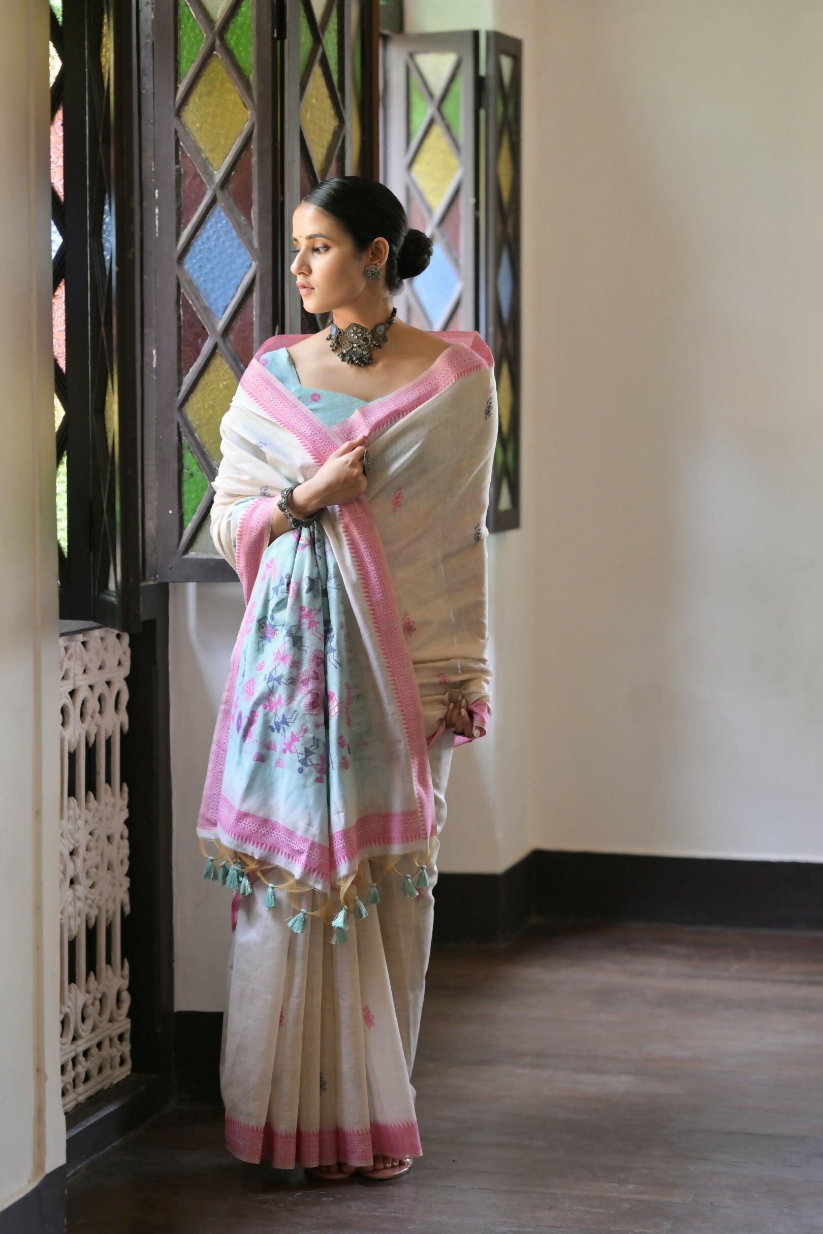Vishnu Weaves Women's Pink Muga Cotton Saree with Blouse - Swadesiicart
