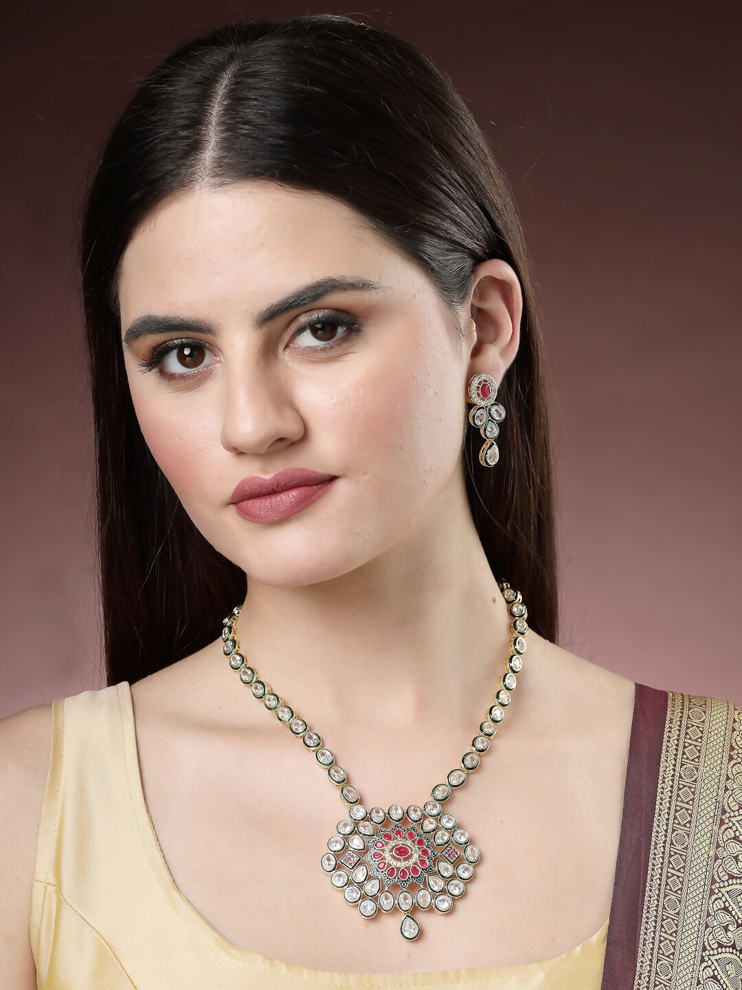 NVR Women's Red & Gold Kundan Studded Handcrafted Jewellery Set - Swadesiicart