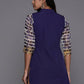 Ahalyaa Blue & Gold-Toned Mandarin Collar Printed Tunic - Blue Color | Swadesiicart