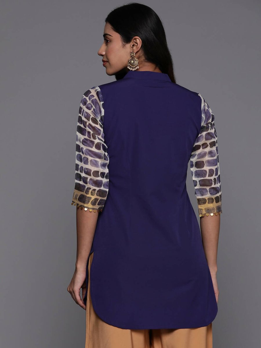 Ahalyaa Blue & Gold-Toned Mandarin Collar Printed Tunic - Blue Color | Swadesiicart