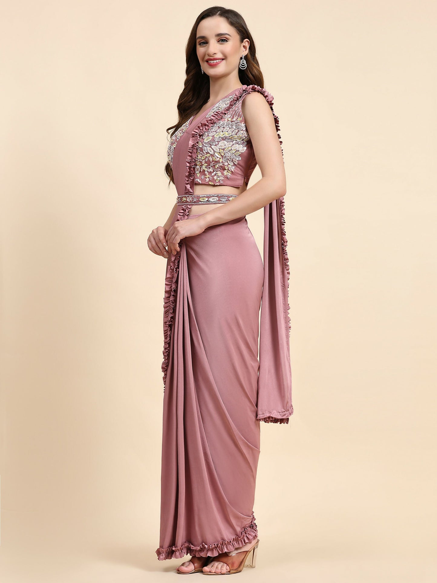 Pink Lycra Solid Ready to wear Saree with stitched Blouse - Vanita | Swadesiicart