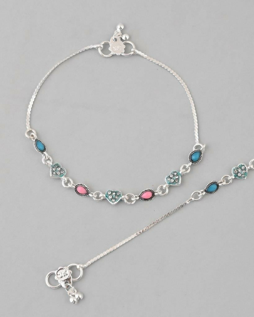 VOJ Set of 2 Silver Plated Heart Shaped Meenakari Anklet - Swadesiicart