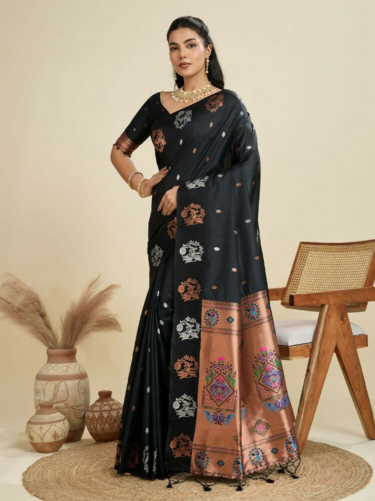 Vishnu Weaves Women's Black Banarasi Silk Zari Woven Saree with Blouse - Swadesiicart