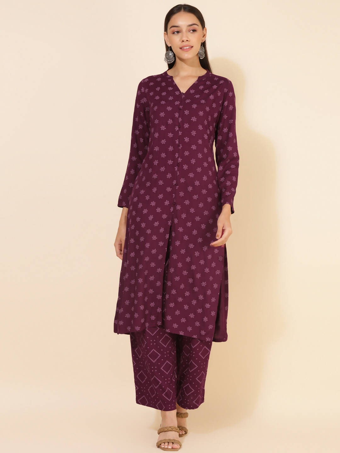Janasya Women's Wine Rayon Floral Printed Casual Straight Co-ords - Swadesiicart
