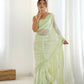Attractive Looking Georgette Thread, Sequance Embroidery Work Party Wear Saree - Pista