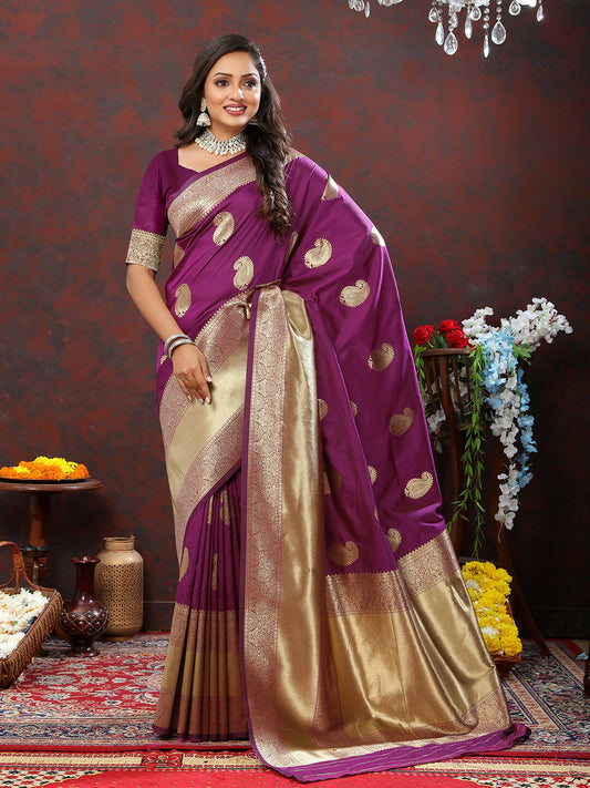 Lorenvalley Fashion Wine Soft Silk Woven Design Gold Zari Weaving Saree - Swadesiicart