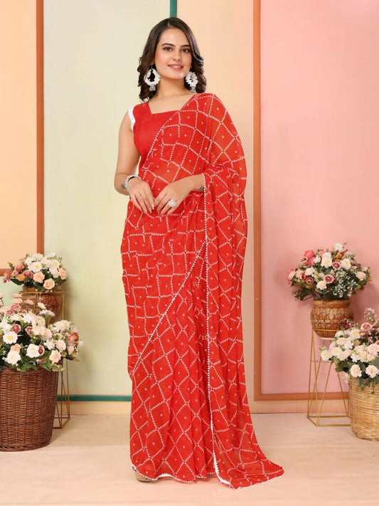 Red Georgette Designer Printed Ready To Wear Saree - Elite | Swadesiicart