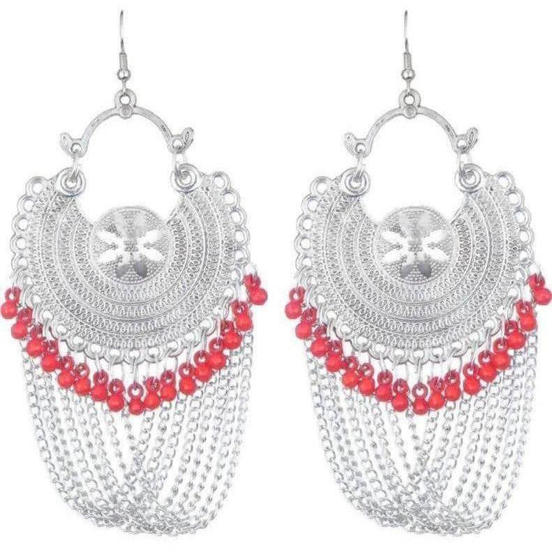 MS Fashion India Latest Fashion Half Moon Earrings With Chains And Red Pearls | Swadesiicart