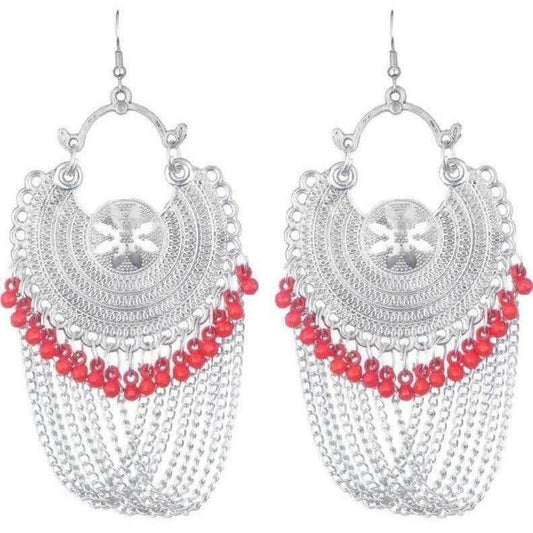 MS Fashion India Latest Fashion Half Moon Earrings With Chains And Red Pearls | Swadesiicart