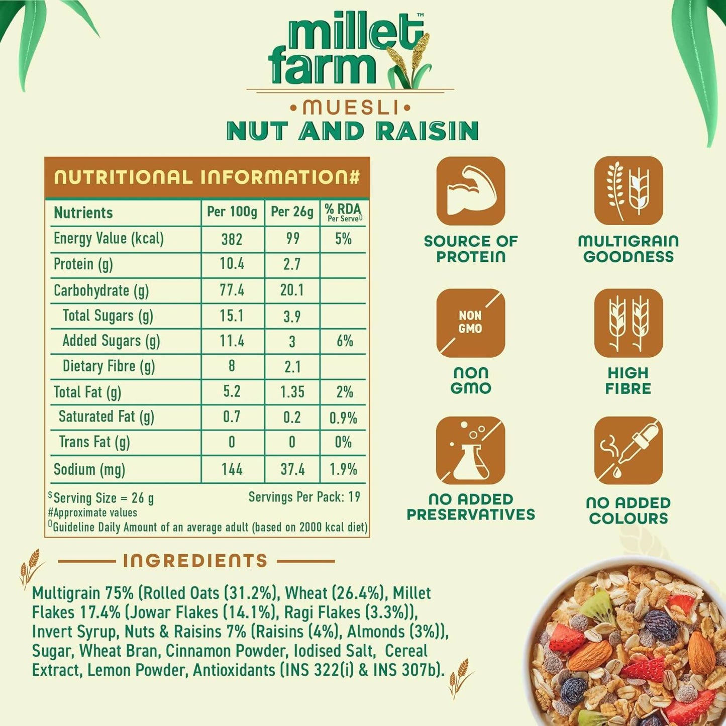 Bagrry's Millet Farm Nut & Raisin Muesli with Jowar and Ragi - Swadesiicart